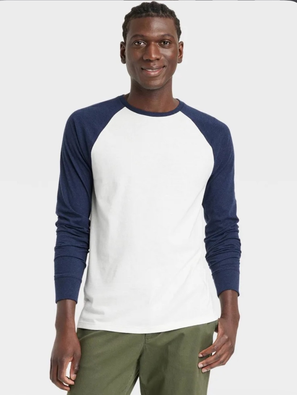 Goodfellow White and Navy Long Sleeve Baseball Tee